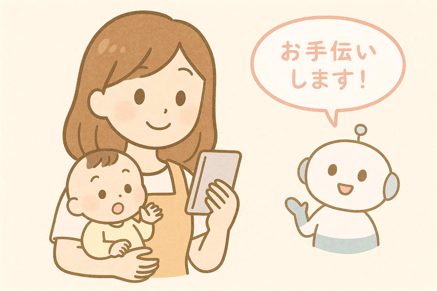 赤ちゃんとAIに相談している様子のイラスト