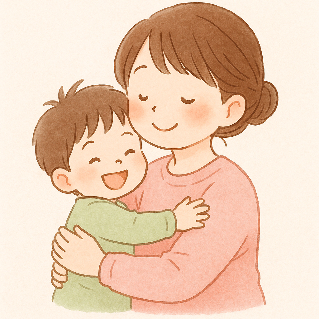 3歳くらいの子を笑顔で抱きしめるママのイラスト